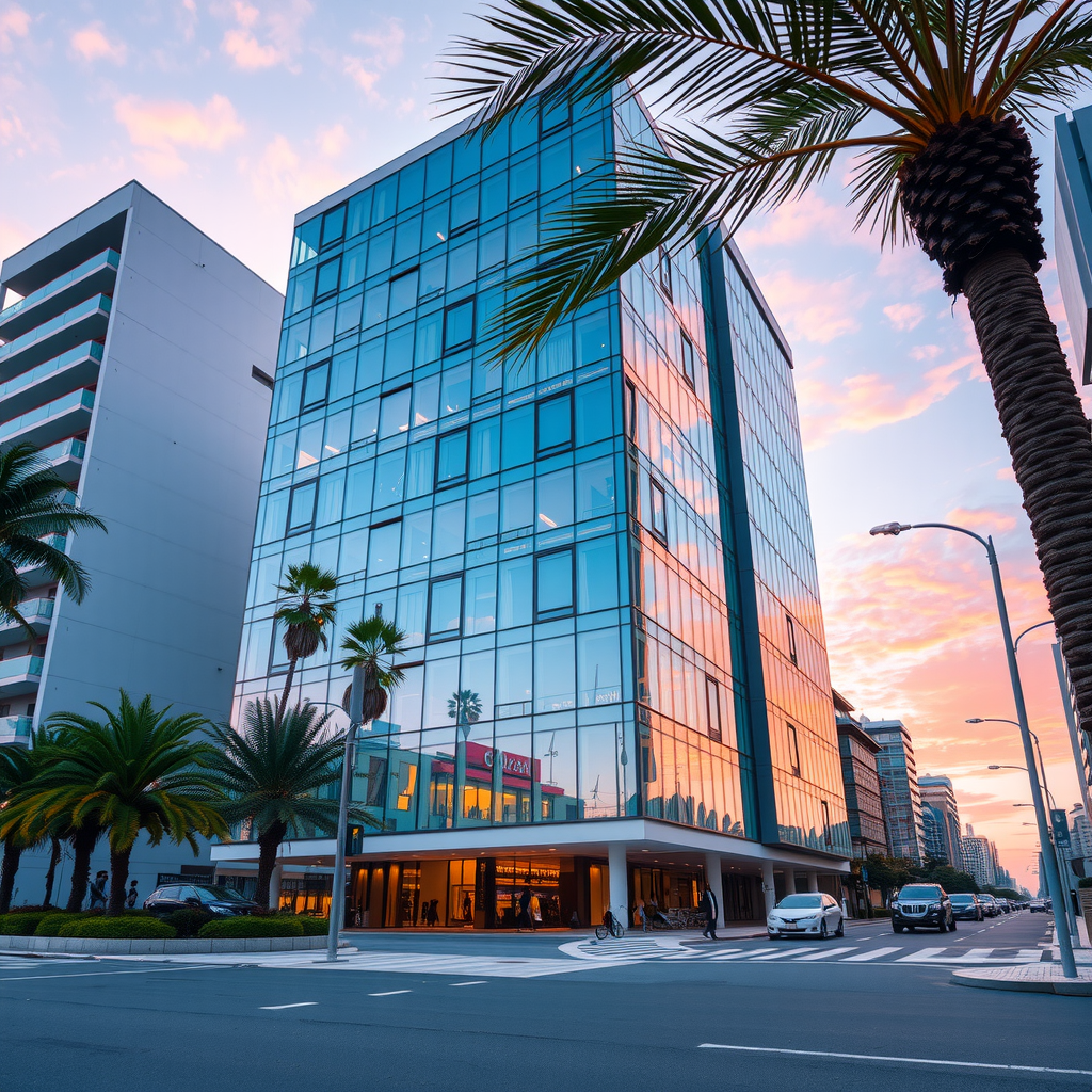 Modern beachfront office building with glass facade reflecting ocean waves and sunset colors, surrounded by tropical palm trees and contemporary architecture in Shibuya, Tokyo