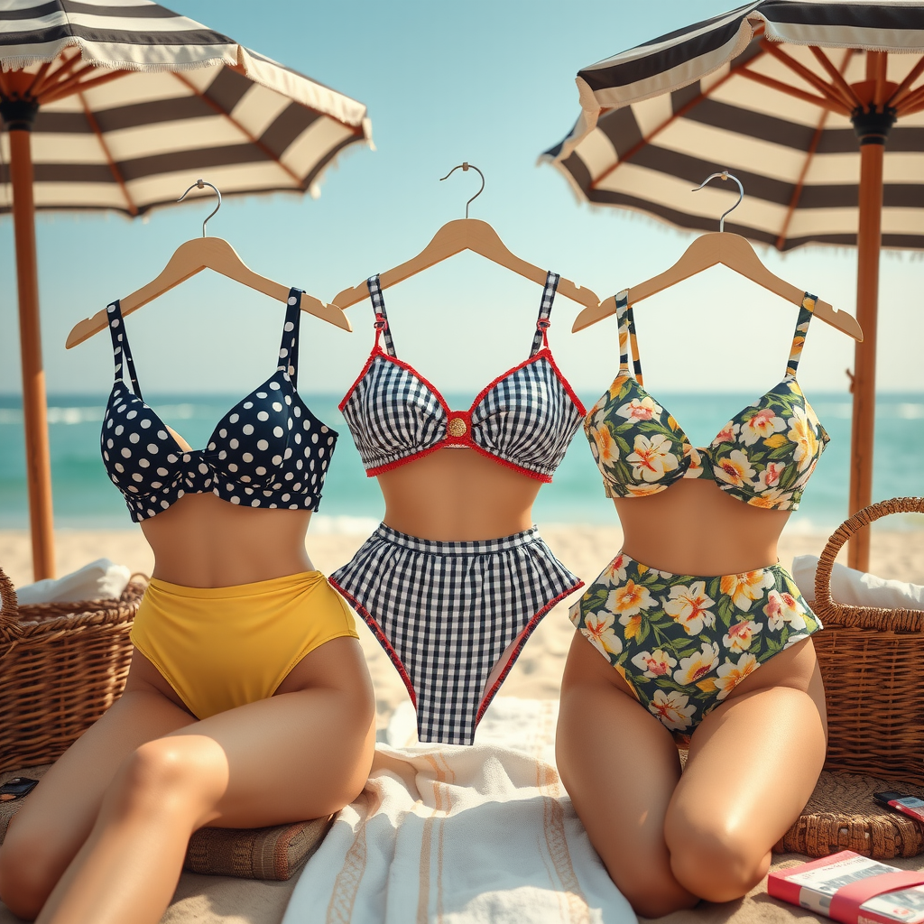 Collection of retro-inspired high-waisted bikinis in polka dots, gingham, and floral patterns displayed on vintage-style beach setting with striped umbrella, wicker basket, and 1950s aesthetic props, showcasing the nostalgic glamour and modern fit of contemporary vintage-style swimwear