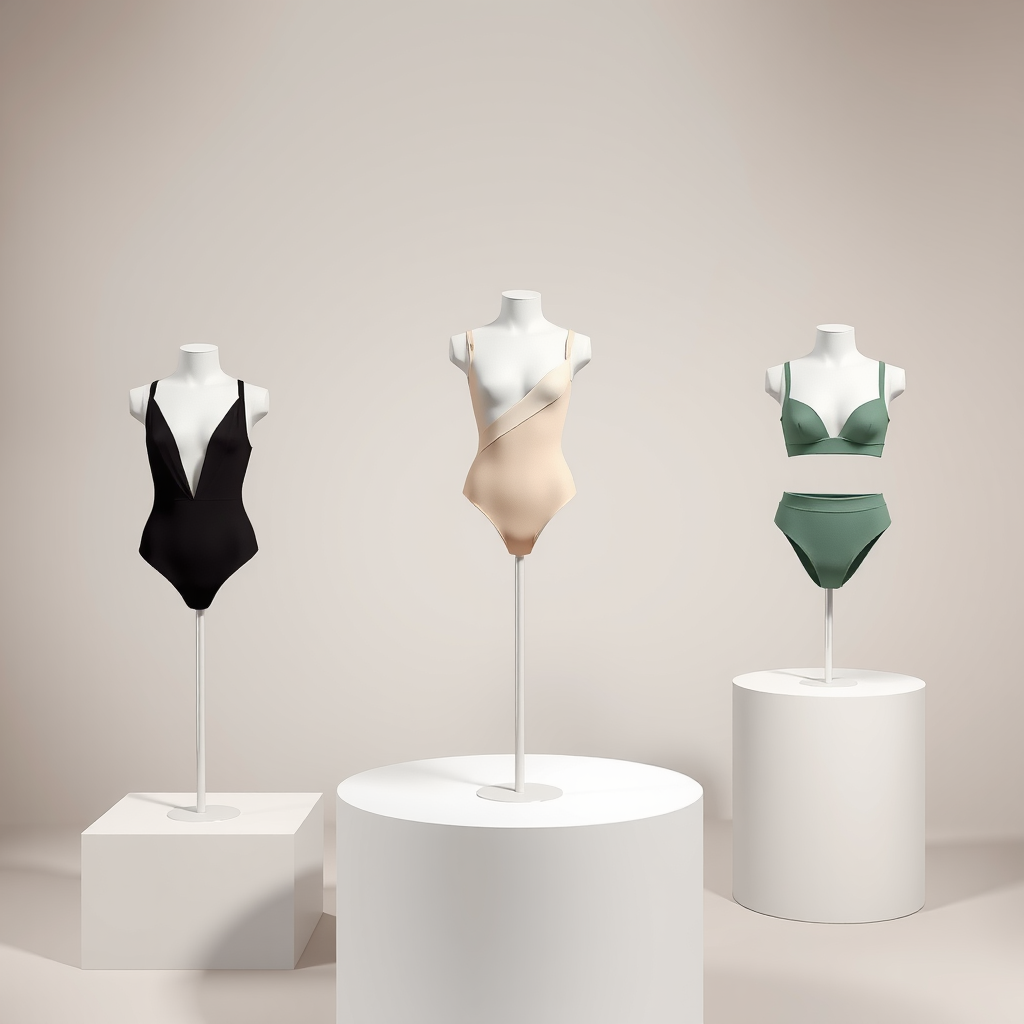 Elegant minimalist swimwear collection featuring clean-lined one-pieces and simple bikinis in sophisticated neutral colors including black, white, beige, and sage green, displayed on modern geometric pedestals against soft gradient background, emphasizing the architectural quality and refined simplicity of contemporary minimalist swimwear design