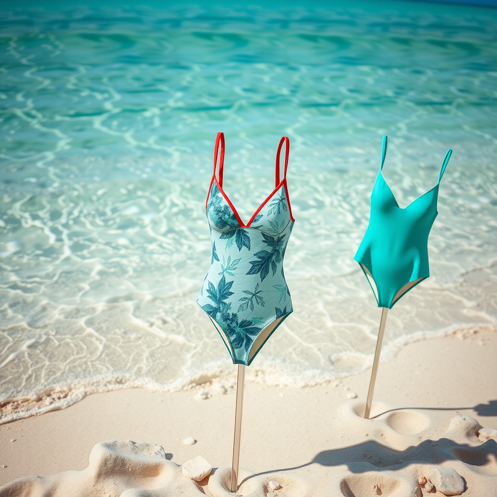 Sustainable swimwear made from recycled ocean plastics and regenerated nylon displayed on a beach with clear turquoise water, featuring modern eco-conscious designs in coral and turquoise colors